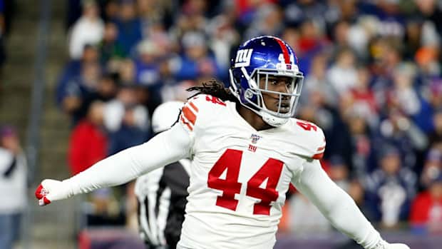 Oct 10, 2019; Foxborough, MA, USA; New York Giants linebacker Markus Golden (44) reacts after a sack on New England Patriots quarterback Tom Brady (12) during the first half at Gillette Stadium.